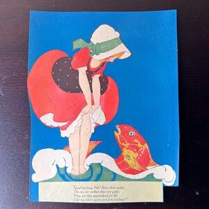 Antique 1920s Magazine Cutout, Girl &Koi Fish Illustration,Poetic Paper Ephemera